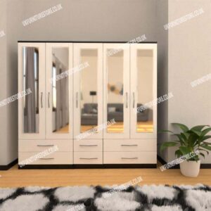 Front White Side Black 5 Door Wardrobe With 5 Mirrors and 6 Bottom Drawers