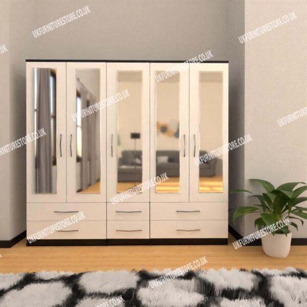 Front White Side Black 5 Door Wardrobe With 5 Mirrors and 6 Bottom Drawers