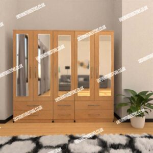 Beech 5 Door Wardrobe With 5 Mirrors and 6 Bottom Drawers