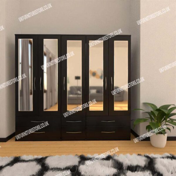 Black 5 Door Wardrobe With 5 Mirrors and 6 Bottom Drawers