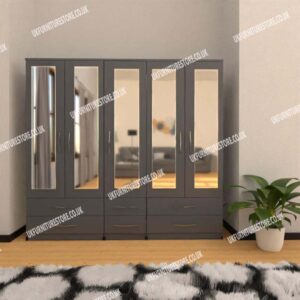 Gray 5 Door Wardrobe With 5 Mirrors and 6 Bottom Drawers