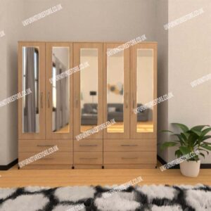 Oak 5 Door Wardrobe With 5 Mirrors and 6 Bottom Drawers