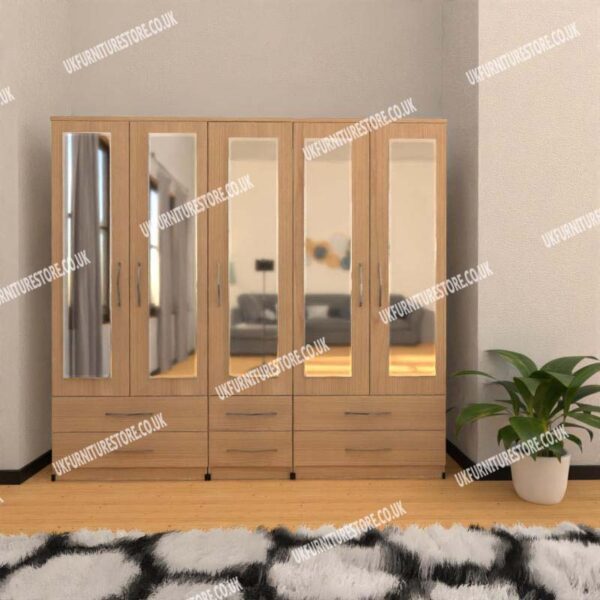 Oak 5 Door Wardrobe With 5 Mirrors and 6 Bottom Drawers