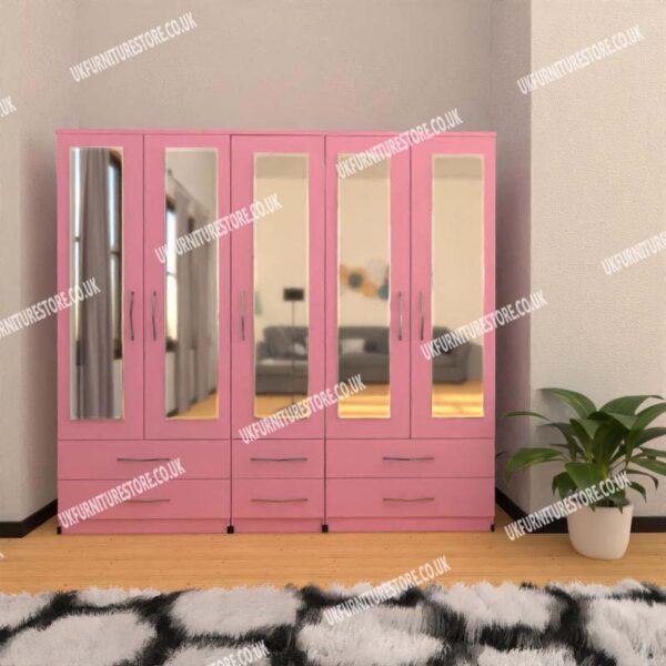 5d2d5m pink Pink 5 Door Wardrobe With 5 Mirrors and 6 Bottom Drawers