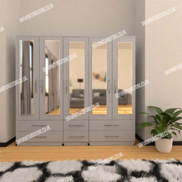 Silver 5 Door Wardrobe With 5 Mirrors and 6 Bottom Drawers