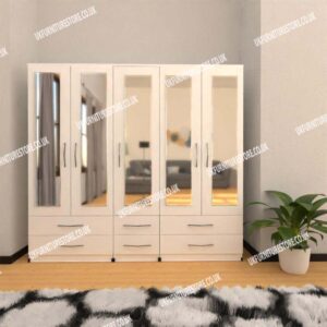 White 5 Door Wardrobe With 5 Mirrors and 6 Bottom Drawers