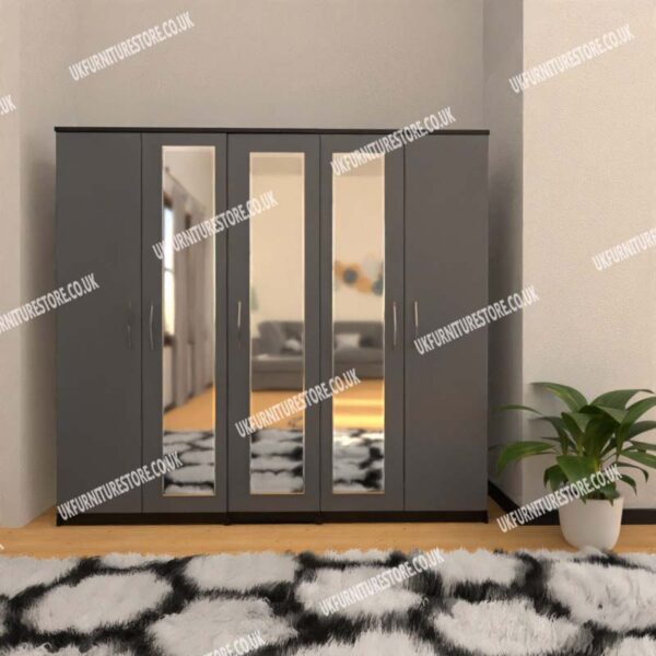 Front Gray Side Black 5 Door Wardrobe With 3 Mirrors