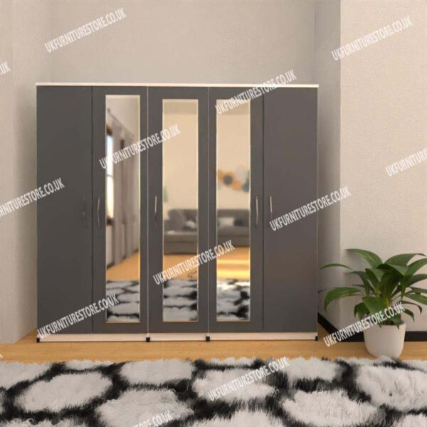 Front Gray Side White 5 Door Wardrobe With 3 Mirrors