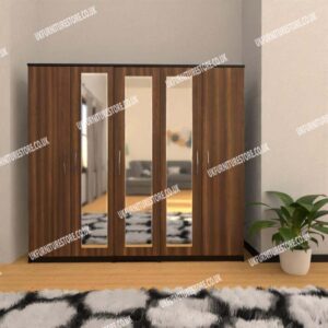 Front Walnut Side Black 5 Door Wardrobe With 3 Mirrors