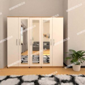 Front White Side Beech 5 Door Wardrobe With 3 Mirrors