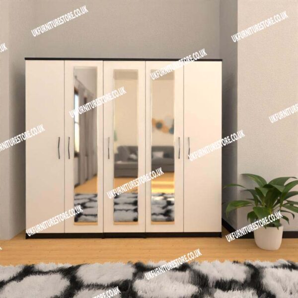 Front White Side Black 5 Door Wardrobe With 3 Mirrors