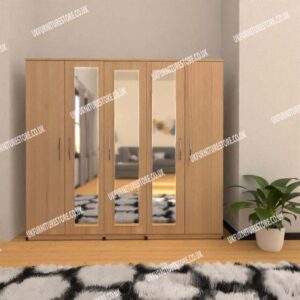 Oak 5 Door Wardrobe With 3 Mirrors