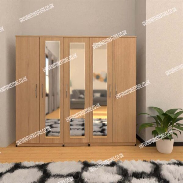 Oak 5 Door Wardrobe With 3 Mirrors