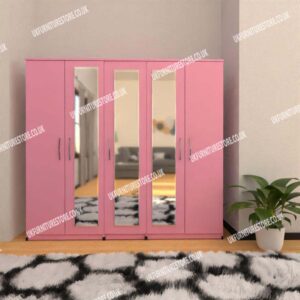 Pink 5 Door Wardrobe With 3 Mirrors