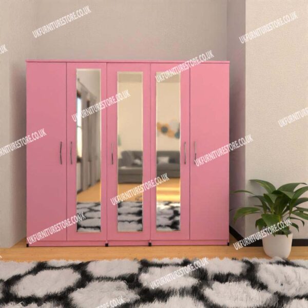 Pink 5 Door Wardrobe With 3 Mirrors
