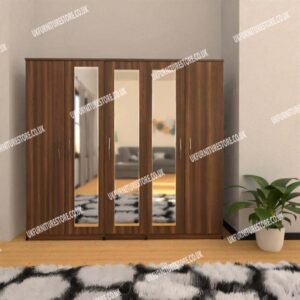 Walnut 5 Door Wardrobe With 3 Mirrors