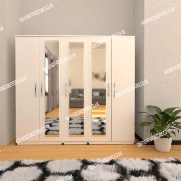 White 5 Door Wardrobe With 3 Mirrors