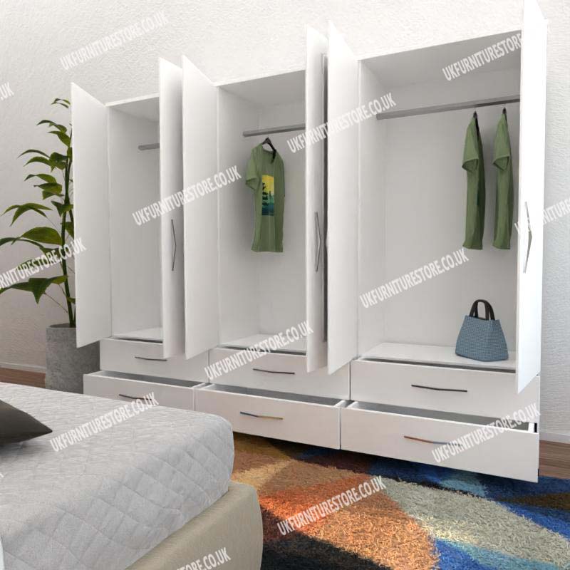 White 6 Door Wardrobe With 6 Bottom Drawers
