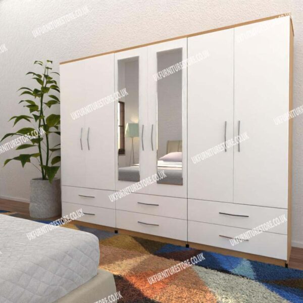 Front White Side Beech 6 Door Wardrobe With 2 Mirrors and 6 Bottom Drawers
