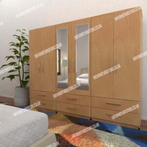 Beech 6 Door Wardrobe With 2 Mirrors and 6 Bottom Drawers