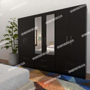 Black 6 Door Wardrobe With 2 Mirrors and 6 Bottom Drawers