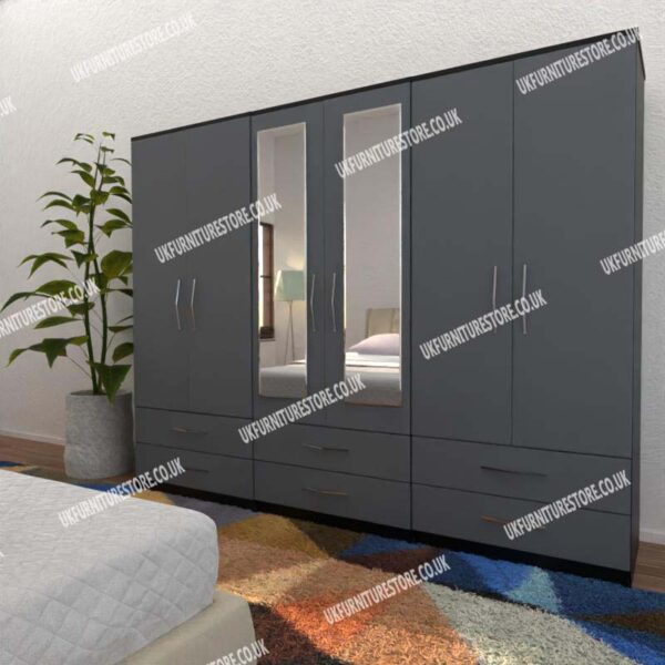 Front Gray Side Black 6 Door Wardrobe With 2 Mirrors and 6 Bottom Drawers
