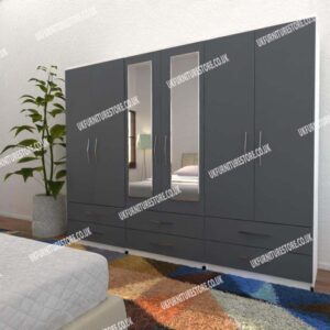 Front Gray Side White 6 Door Wardrobe With 2 Mirrors and 6 Bottom Drawers