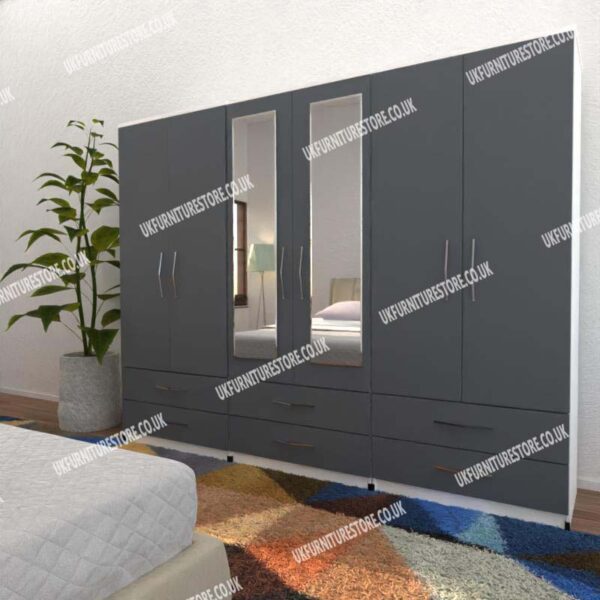 Front Gray Side White 6 Door Wardrobe With 2 Mirrors and 6 Bottom Drawers