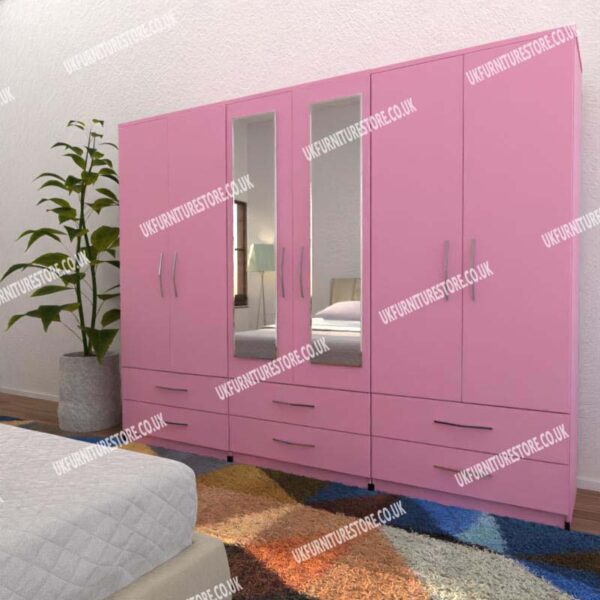6d2d2m pink Pink 6 Door Wardrobe With 2 Mirrors and 6 Bottom Drawers