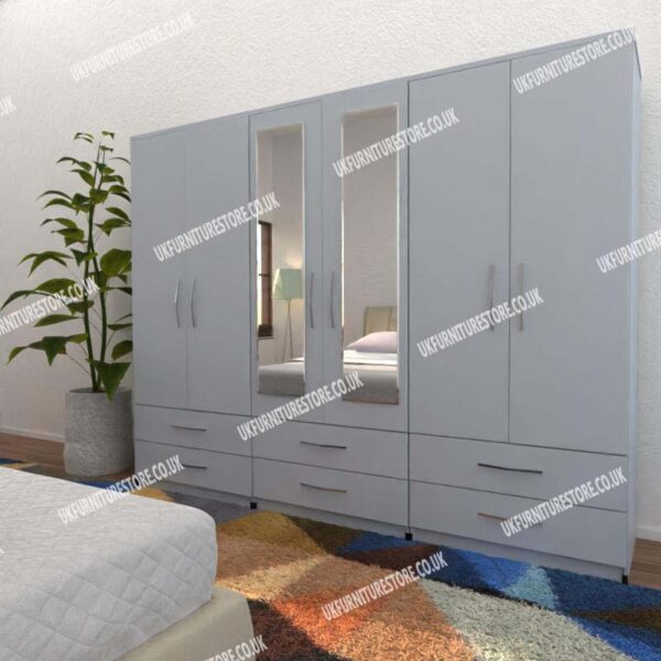 Silver 6 Door Wardrobe With 2 Mirrors and 6 Bottom Drawers