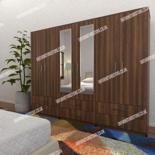 Walnut 6 Door Wardrobe With 2 Mirrors and 6 Bottom Drawers