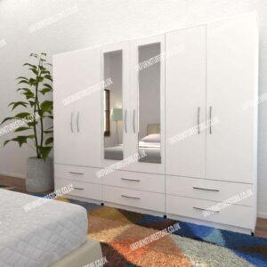 White 6 Door Wardrobe With 2 Mirrors and 6 Bottom Drawers