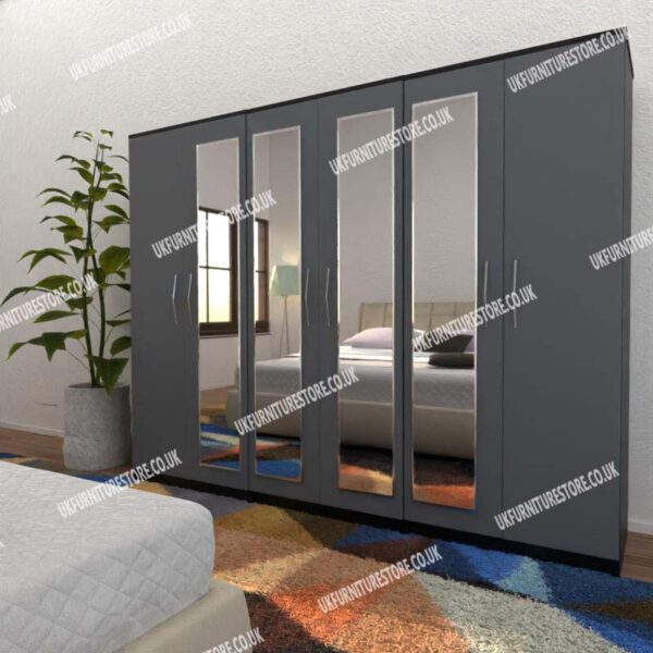 Front Gray Side Black 6 Door Wardrobe With 4 Mirrors