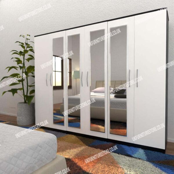 Front White Side Black 6 Door Wardrobe With 4 Mirrors