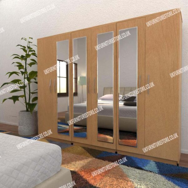 Beech 6 Door Wardrobe With 4 Mirrors