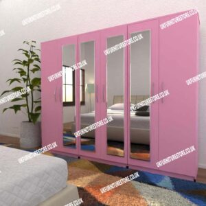 Pink 6 Door Wardrobe With 4 Mirrors