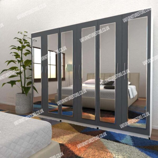 Front Gray Side White 6 Door Wardrobe With 6 Mirrors