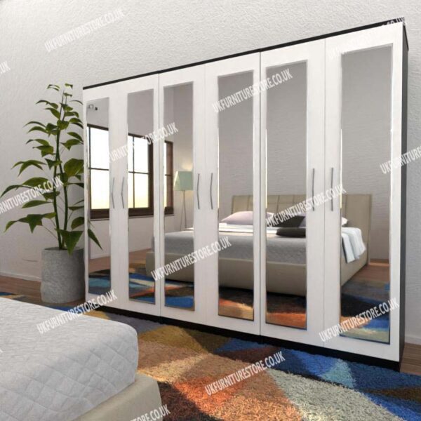Front White Side Black 6 Door Wardrobe With 6 Mirrors