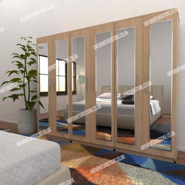 Oak 6 Door Wardrobe With 6 Mirrors