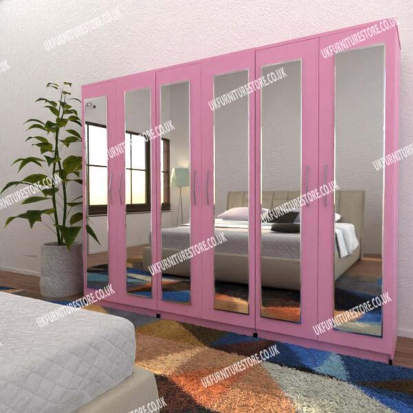 Pink 6 Door Wardrobe With 6 Mirrors