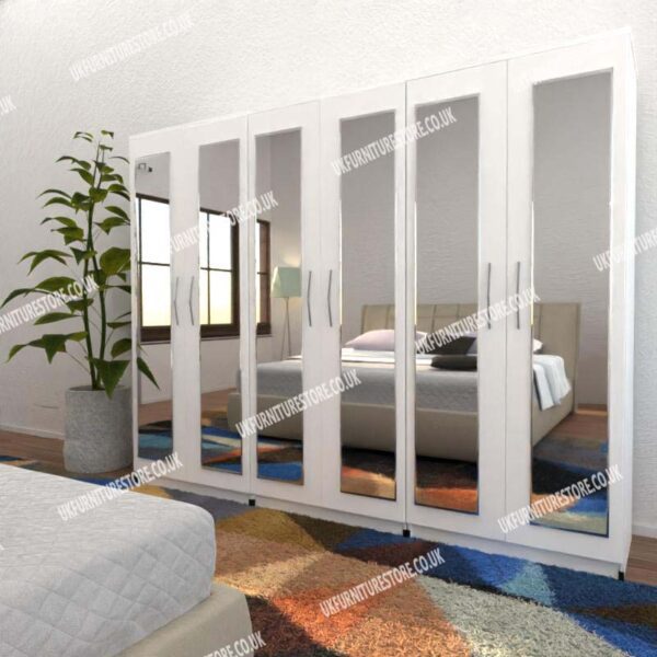 White 6 Door Wardrobe With 6 Mirrors