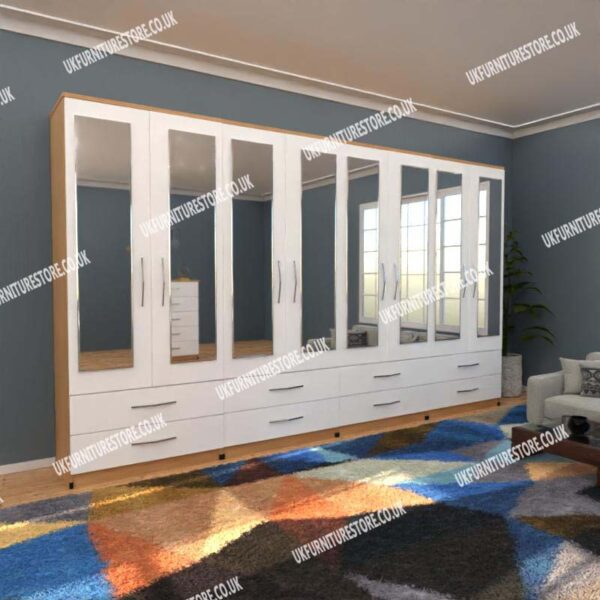 Front White Side Oak 8 Door Wardrobe With 8 Mirrors and 8 Bottom Drawers