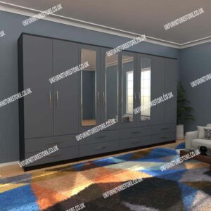 Front Gray Side Black 8 Door Wardrobe With 4 Mirrors and 8 Bottom Drawers