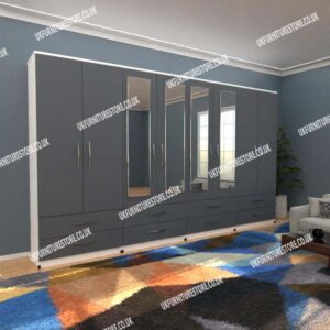 Front Gray Side White 8 Door Wardrobe With 4 Mirrors and 8 Bottom Drawers