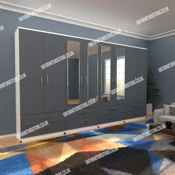 Front Gray Side White 8 Door Wardrobe With 4 Mirrors and 8 Bottom Drawers