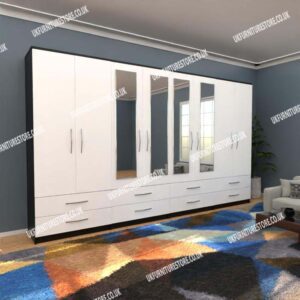 Front White Side Black 8 Door Wardrobe With 4 Mirrors and 8 Bottom Drawers