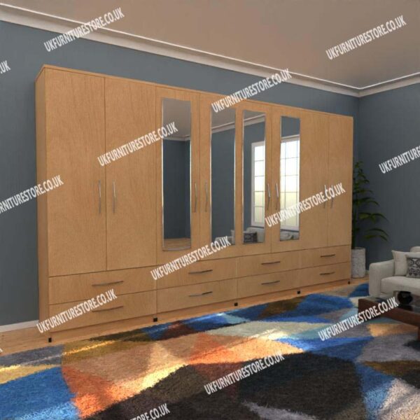 Beech 8 Door Wardrobe With 4 Mirrors and 8 Bottom Drawers