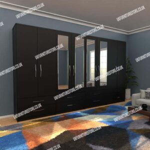 Black 8 Door Wardrobe With 4 Mirrors and 8 Bottom Drawers