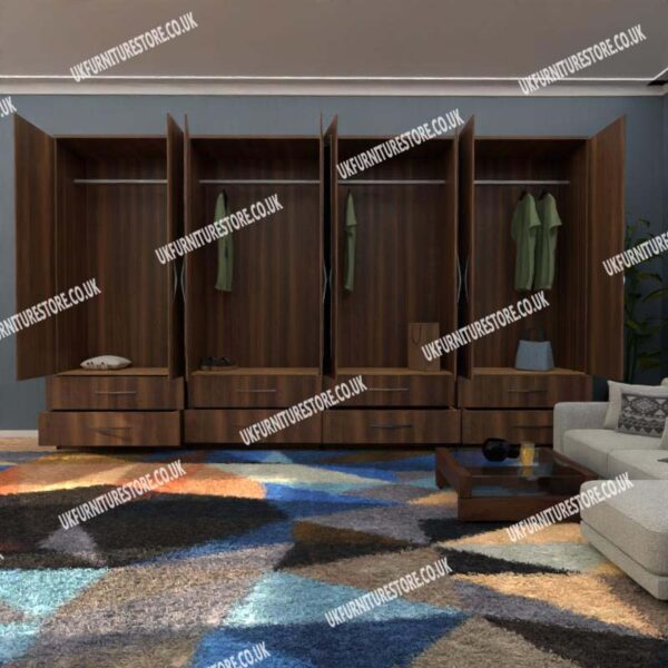 Walnut 8 Door Wardrobe With 8 Bottom Drawers