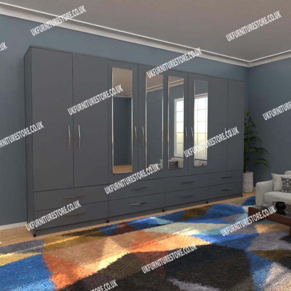 Gray 8 Door Wardrobe With 4 Mirrors and 8 Bottom Drawers